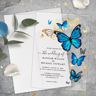Elegante Hochzeit mit Watercolor Gold und Blue But Acryleinladungen