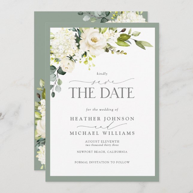 Elegante Hochzeit mit weißer grauer Wasserfarbe Save The Date (Vorne/Hinten)