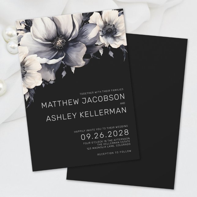 Elegante Hochzeit mit weißer Schwarzer Flora Einladung (Simple Modern Boho Floral Black White Wedding Invitation)