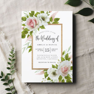 Elegante Hochzeit mit weißer und rosa Wasserfarbe Einladung