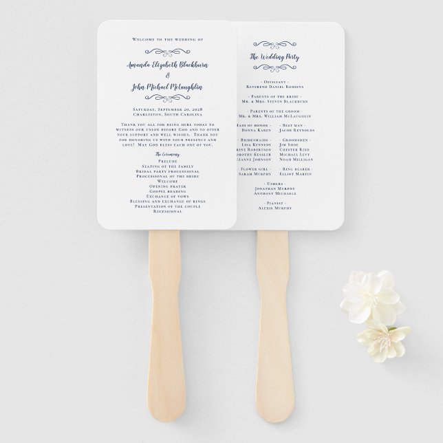 Elegante Hochzeit Moderne Zeremonie Programm Navy  Fächer (Vorne und Hinten)