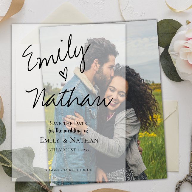 Elegante Hochzeit moderner Script-Herz-Typografie (Elegant Modern Script Heart Typography Wedding Vellum Invitations)