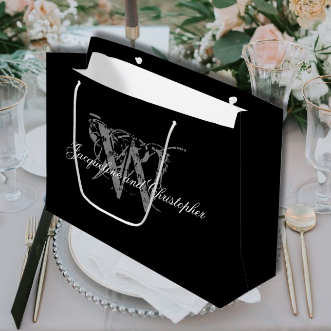Elegante Hochzeit, Monogramm, Namen, Schwarz & Wei Große Geschenktüte (For an Elegant Wedding - Personalized Monogram plus Names, Black, White & Gray Large Gift bag.)