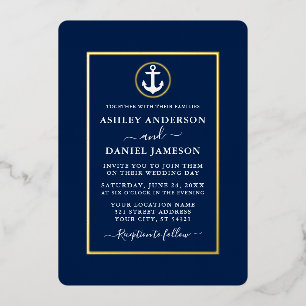 Elegante Hochzeit Nautilus Anker Marineblau Gold Folieneinladung