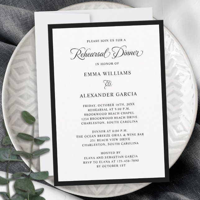 Elegante Hochzeit Probe Abendessen formell Schwarz Einladung (Elegant Wedding Rehearsal Dinner Formal Black Invitation)
