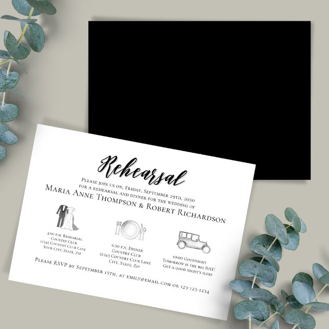 Elegante Hochzeit Probe Dinner Timeline Einladung (Rehearsal dinner invitation template with timeline.)