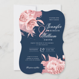 Elegante Hochzeit Rose Gold Floral & Foil Navy Einladung