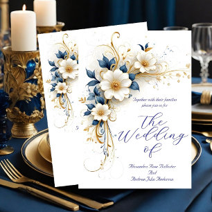 Elegante Hochzeit Royal Blau Weiße Goldene Blumen Einladung