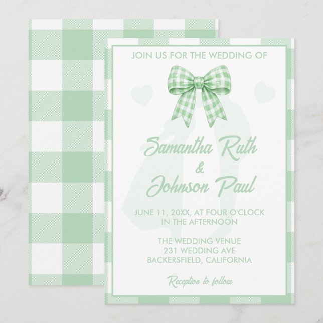 Elegante Hochzeit Salbeigrüne Gingham-Schleife Einladung (Vorne/Hinten)