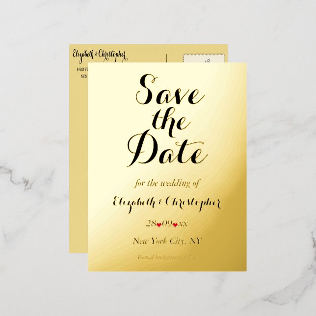 Elegante Hochzeit Save the Date Black Imitats Gold Folie Einladungspostkarte (Vorderseite/Rückseite)
