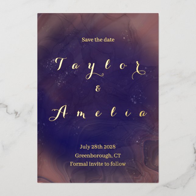 Elegante Hochzeit Save the Date Lila Real Folieneinladung (Vorderseite)