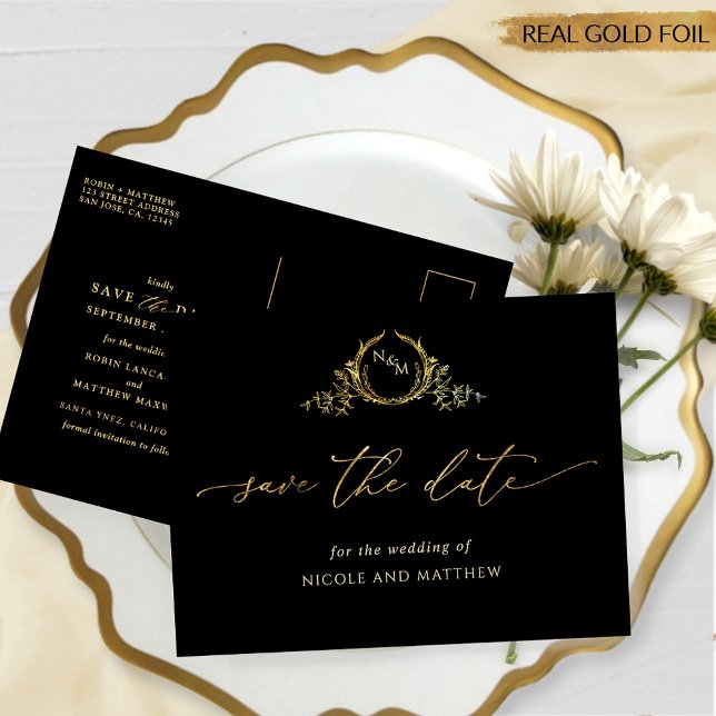 Elegante Hochzeit Save the Date Schwarz und Real G Folie Einladungspostkarte (Von Creator hochgeladen)