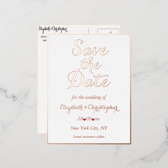 Elegante Hochzeit Save the Date White Rose Gold Folie Einladungspostkarte (Vorderseite/Rückseite)