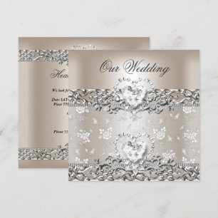 Elegante Hochzeit Silber Creme Diamant Herz Einladung