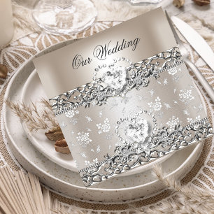 Elegante Hochzeit Silber Creme Diamant Herz Einladung