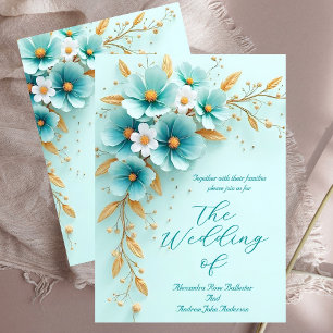 Elegante Hochzeit Türkis Blau Weiß Gold Blumen Einladung