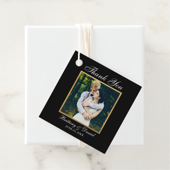 Elegante Hochzeit Vielen Dank Foto Black Gold Geschenkanhänger (Beispiel)
