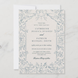 Elegante Hochzeit Viktorianisch Blauer Flora Einladung