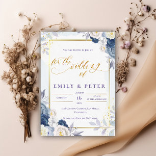 Elegante Hochzeit von Blue Floral Gold Border Einladung