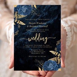 Elegante Hochzeit von Blue Gold Floral Einladung