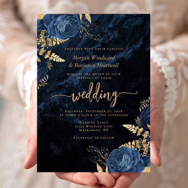 Elegante Hochzeit von Blue Gold Floral Einladung (Von Creator hochgeladen)