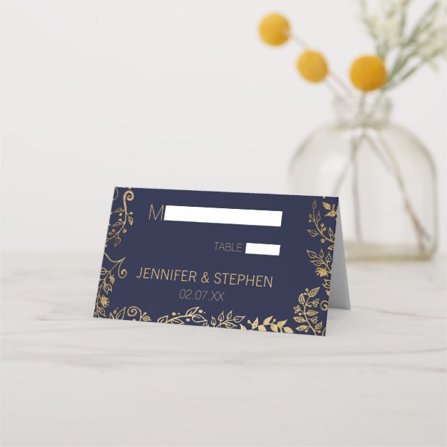 Elegante Hochzeit von Blue Gold Floral Platzkarte (Vorderseite)