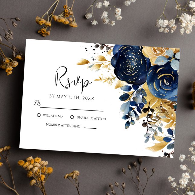 Elegante Hochzeit von Blue Gold Floral RSVP Karte (Elegant Navy Blue Gold Floral Wedding RSVP Card)
