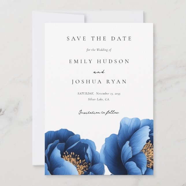 Elegante Hochzeit von Blue Gold Floral Save The Date (Vorderseite)