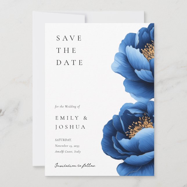 Elegante Hochzeit von Blue Gold Floral Save The Date (Vorderseite)