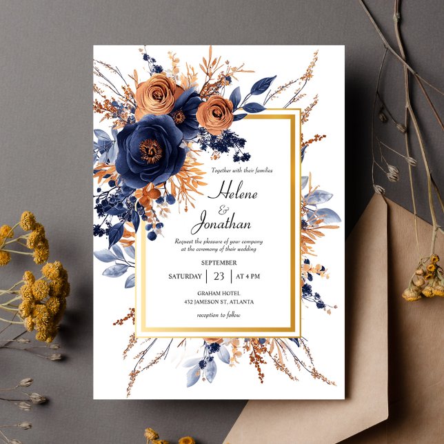Elegante Hochzeit von Blumen Blauer Rost Einladung (Elegant Watercolor Floral Navy Blue Rust Wedding Invitation)