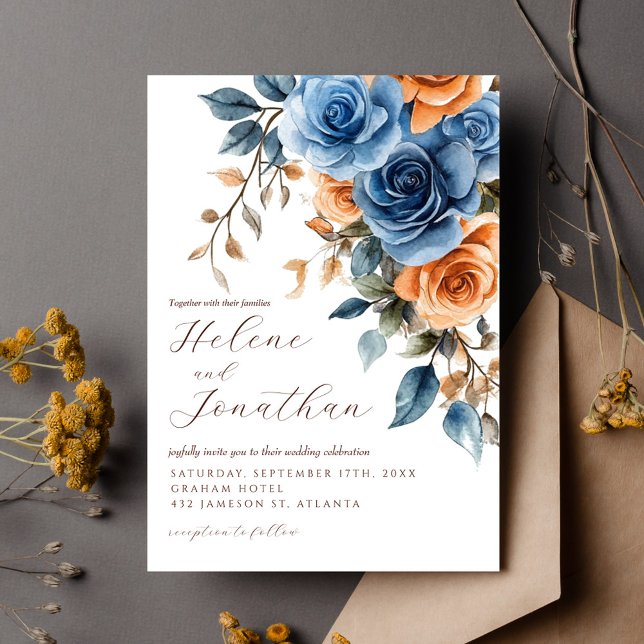 Elegante Hochzeit von Blumen Blauer Rost Einladung (Elegant Watercolor Floral Navy Blue Rust Wedding Invitation)