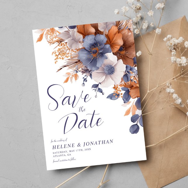 Elegante Hochzeit von Blütenfarben Blütenstaub Save The Date (Elegant Watercolor Floral Dusty Blue Rust Wedding Save The Date)