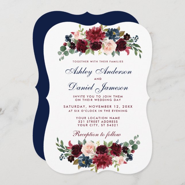 Elegante Hochzeit von Burgund Blue Watercolor Flor Einladung (Vorne/Hinten)