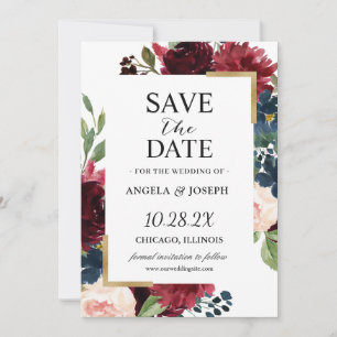 Elegante Hochzeit von Burgundy Red Blush Blue Flor Save The Date