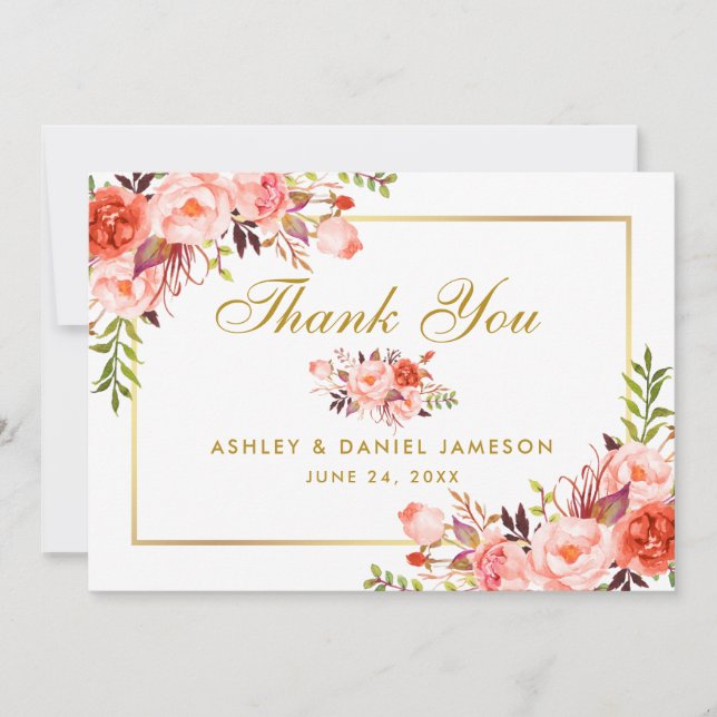 Elegante Hochzeit von Coral Floral Gold Dankeskarte (Vorderseite)