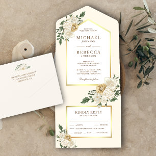 Elegante Hochzeit von Cream und Gold Elfenbeinblum All In One Einladung