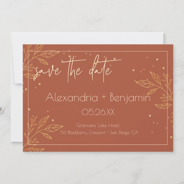 Elegante Hochzeit von Earthy Brown & Gold Floral Save The Date (Vorderseite)