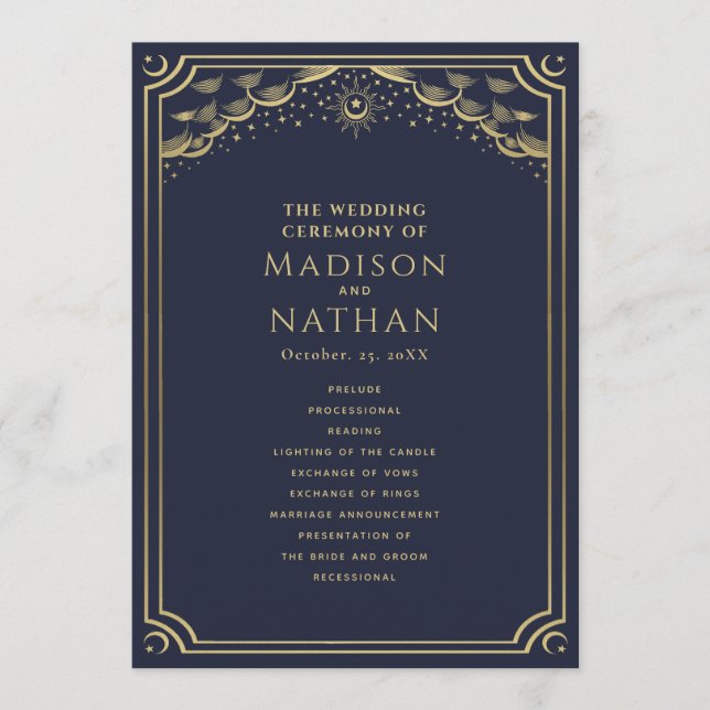 Elegante Hochzeit von Gold und Navy Tarot Programm (Vorderseite)