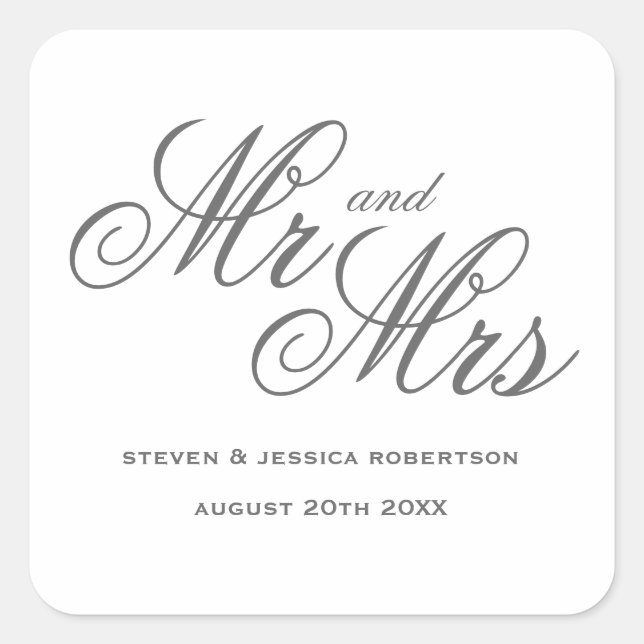  Elegante Hochzeit von Herrn und Frau Typografy Quadratischer Aufkleber (Vorderseite)
