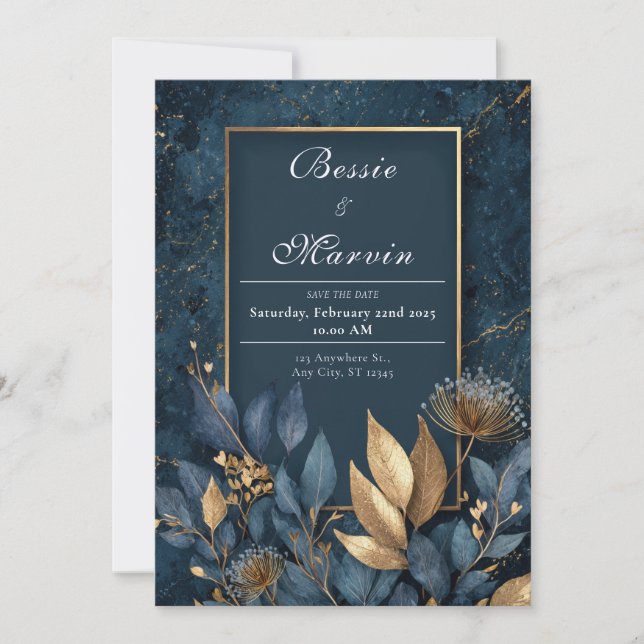 Elegante Hochzeit von Marine und Gold Leaf Einladung (Vorderseite)
