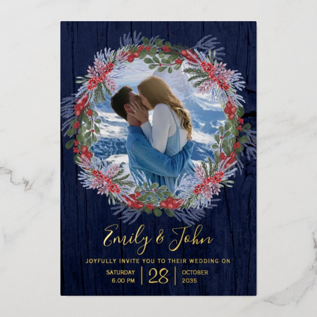 Elegante Hochzeit von Navy Blue & Gold Winter Flor Folieneinladung (Vorderseite)