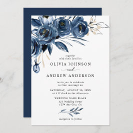 Elegante Hochzeit von Navy Blue Silver Watercolor  Einladung