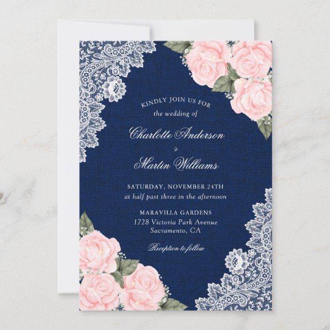 Elegante Hochzeit von Navy Blue und Blush Burlap Einladung (Vorderseite)