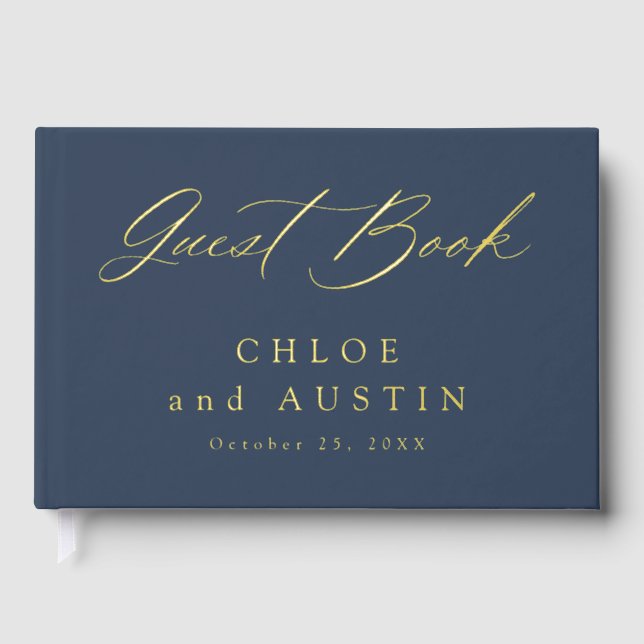 Elegante Hochzeit von Navy Blue und Gold Calligrap Gästebuch (Vorderseite)