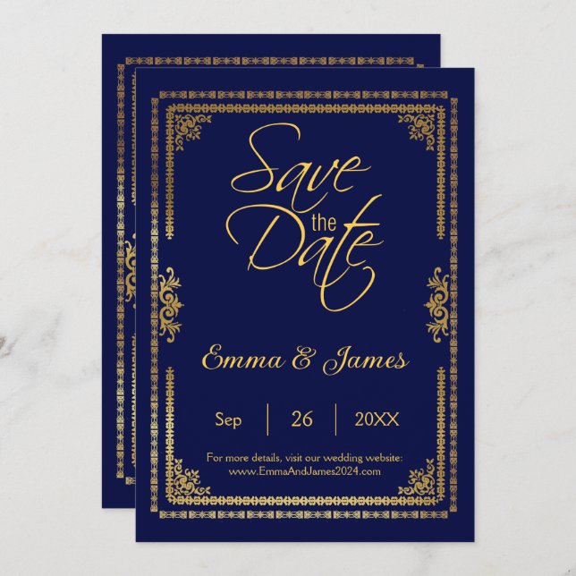 Elegante Hochzeit von Navy Blue und Gold Frame Save The Date (Vorne/Hinten)