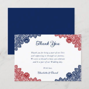 Elegante Hochzeit von Navy Blue und Red Floral Lac Dankeskarte