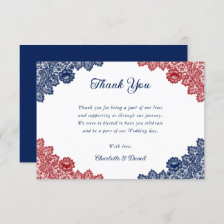 Elegante Hochzeit von Navy Blue und Red Floral Lac Dankeskarte