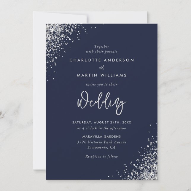 Elegante Hochzeit von Navy Blue und Silver Glitzer Einladung (Vorderseite)