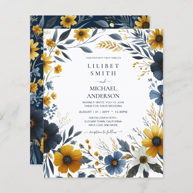 Elegante Hochzeit von Navy Blue Yellow Gold Floral (Vorne/Hinten)