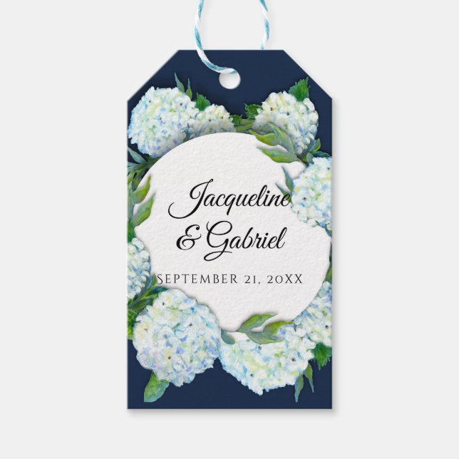 Elegante Hochzeit von Navy Floral White Hydrangea Geschenkanhänger (Vorderseite)
